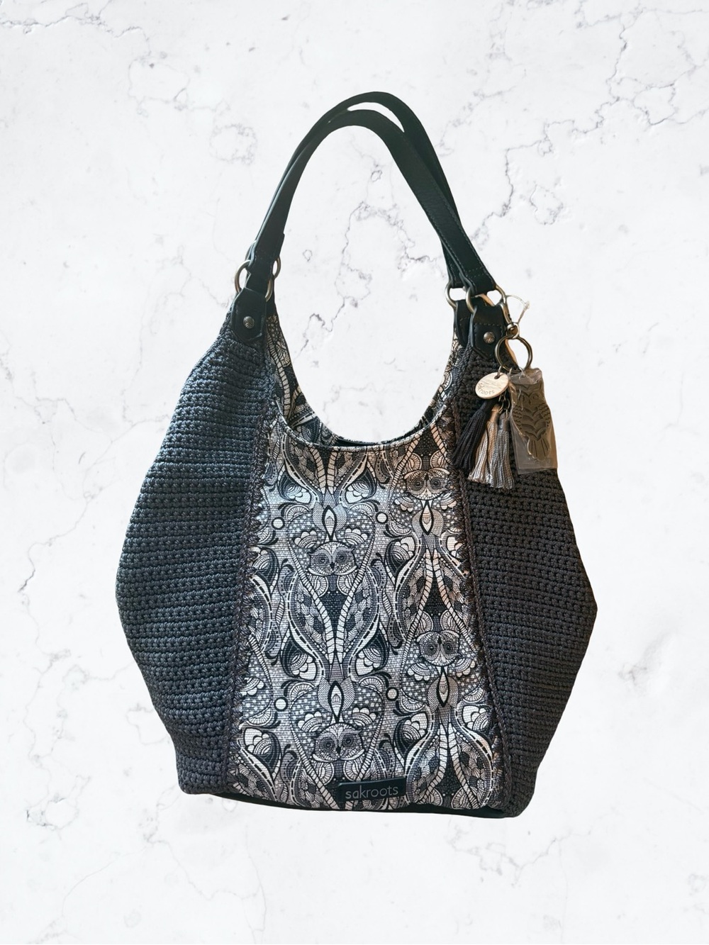 Sakroots Roma Owl Black Patterned Crochet Hobo Bag